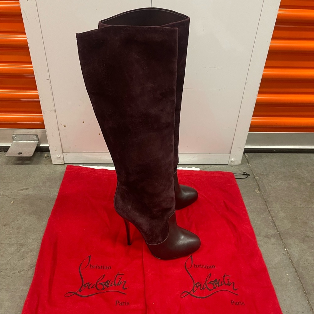 Dark purple suede and leather Christian Louboutin high heeled tall boots
